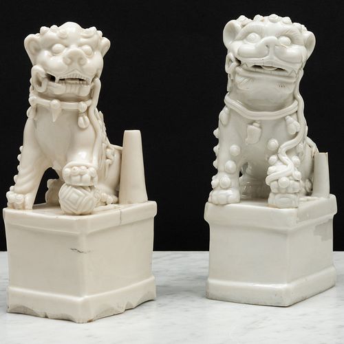 Two Blanc de Chine Porcelain Buddhistic Lion Joss Stick Holders