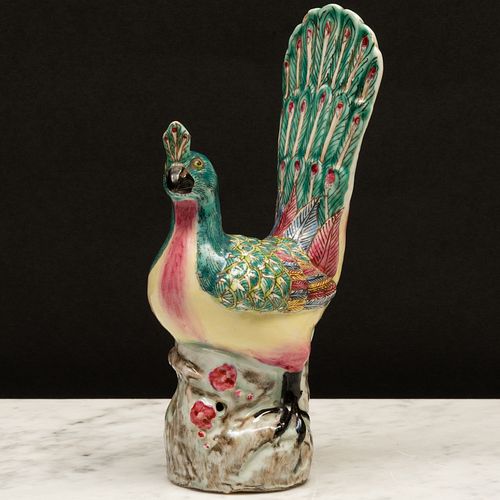 Small Chinese Export Famille Rose Porcelain Model of a Peacock