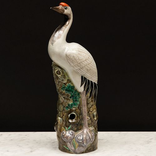 Chinese Export Porcelain Model of a Crane on a Tree and Lingzhi