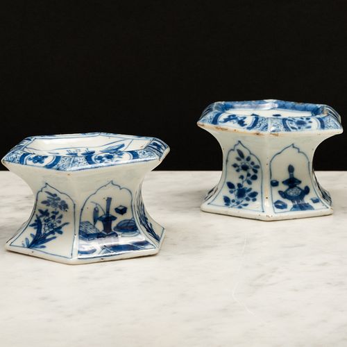 Two Chinese Export Blue and White Porcelain Hexagonal Salts