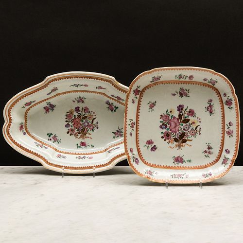 Chinese Export Famille Rose Porcelain Shaped Oval Basin and a Square Dish