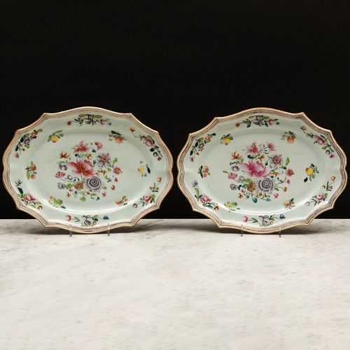 Pair of Chinese Export Famille Rose Porcelain Shaped Oval Platters
