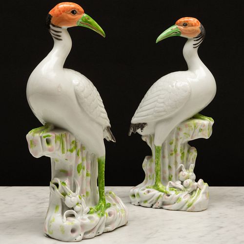 Pair of Blanc de Chine Porcelain Later Decorated Cranes