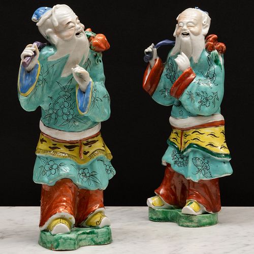 Pair of Chinese Export Famille Verte Porcelain Figures with Fly Whisks