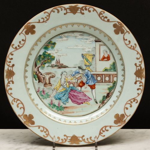 Chinese Export Famille Rose Porcelain European Subject Plate, After Lancret