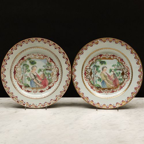 Two Chinese Export Porcelain Meissen Style European Subject Plates