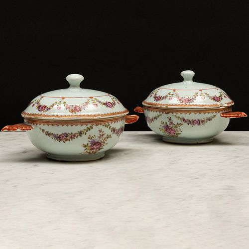 Pair of Chinese Export Famille Rose Porcelain Ecuelles and Covers
