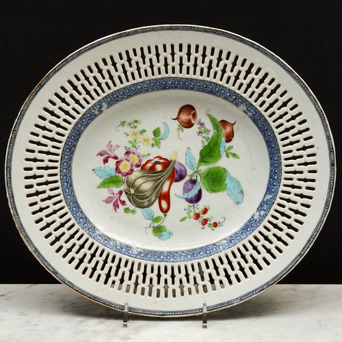 Chinese Export Famille Rose and Blue Enamel Porcelain Basket and Stand Decorated with Fruit