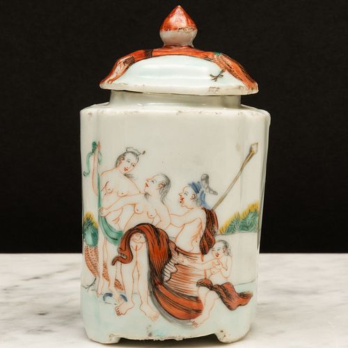Chinese Export Porcelain 'Judgement of Paris' Tea Caddy and Cover