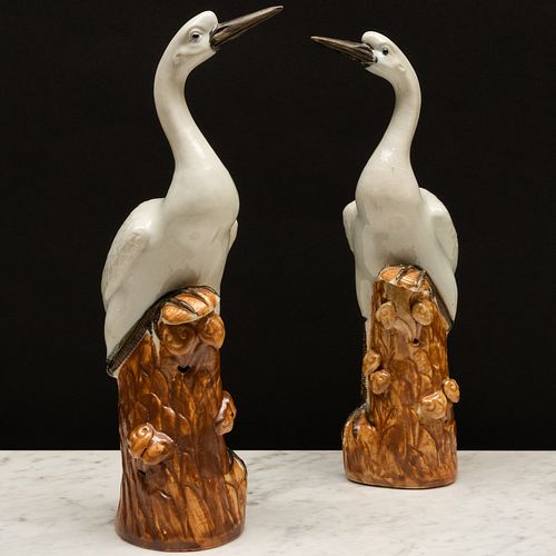 Pair of Chinese Export Porcelain Models of White Cranes Atop a Stump with Lingzhi