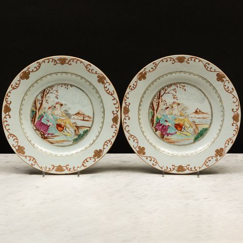 Pair of Chinese Export Porcelain European Subject Plates