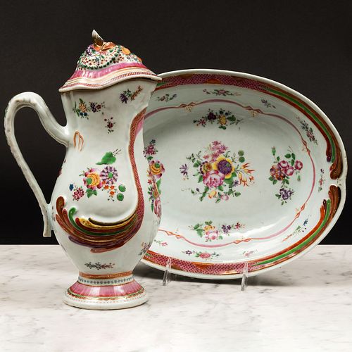 Chinese Export Famille Rose Porcelain Rococo Style Jug, Cover and Basin
