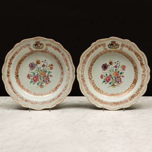 Pair of Chinese Export Famille Rose Porcelain Soup Plates with the Arms of Cottin de Fieualaine accollee with Girardot de Chancourt