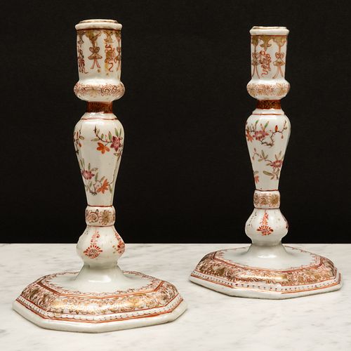 Pair of Chinese Export Iron Red and Gilt Decorated Porcelain Candlesticks