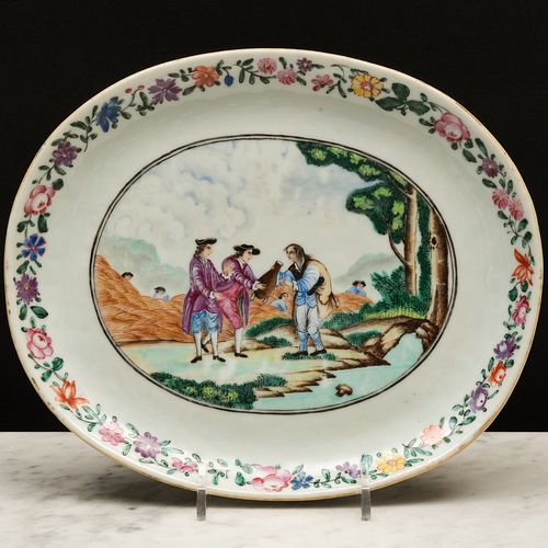 Chinese Export Famille Rose Porcelain Oval Dish of King Ferdinand IV of Naples Offering a Beggar His Flask
