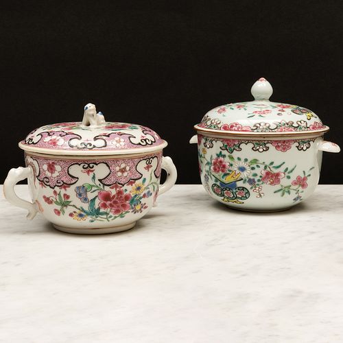 Two Similar Chinese Export Famille Rose Porcelain Ecuelles and Covers
