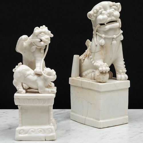 Blanc de Chine Porcelain Group of Two Playful Lions and a Buddhistic Lion Joss Stick Holder