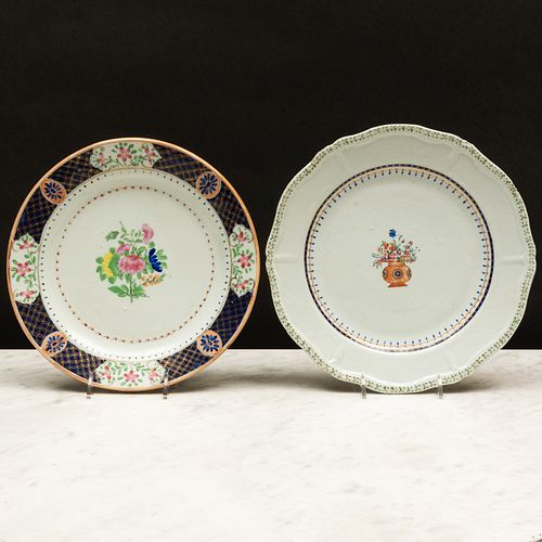 Export Porcelain Indian Market Plate and a Chinese Export Famille Rose Porcelain Plate