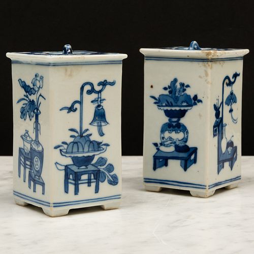 Pair of Small Chinese Export Blue and White Porcelain Square Ewers and Covers
