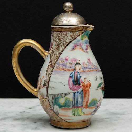 Chinese Export Famille Rose Porcelain Jug and a Silver Cover and a Silver Mounted Tea Caddy and Cover