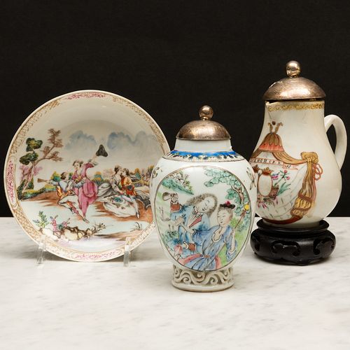 Group of Three Chinese Export Famille Rose Porcelain European Subject Wares