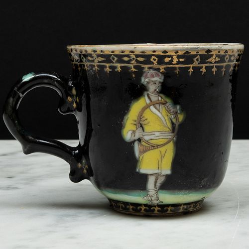 Chinese Export Porcelain 'Trumpeter' Coffee Cup, After a Design Attributed to Cornelis Pronk