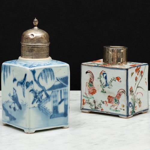 Chinese Export Famille Vert Porcelain Tea Caddy and a Blue and White Porcelain Tea Caddy