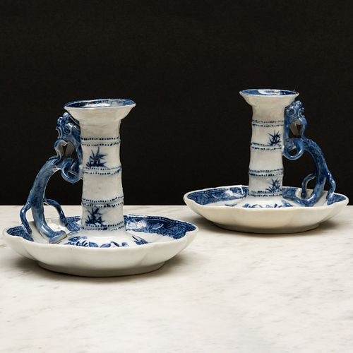 Pair of Chinese Export Blue and White Porcelain Chambersticks