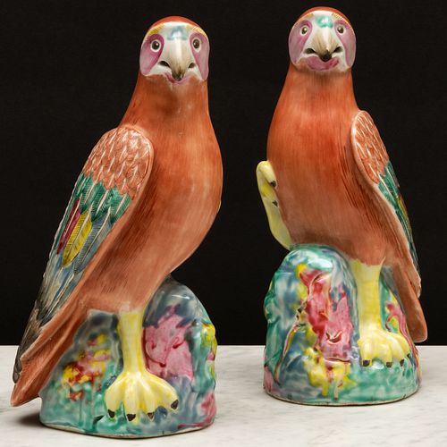 Pair of Chinese Export Famille Rose Porcelain Models of Hawks