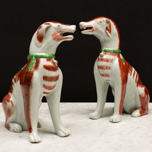 Pair of Porcelain Iron Red Decorated Models of Hounds, Possibly Samson