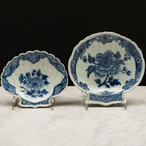 Two Chinese Export Blue and White Porcelain Shell Form Dishes