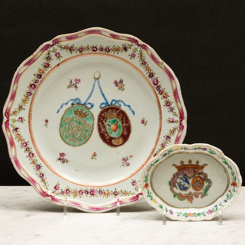 Chinese Export Porcelain Dutch Market Armorial Plate and a Spoon Tray