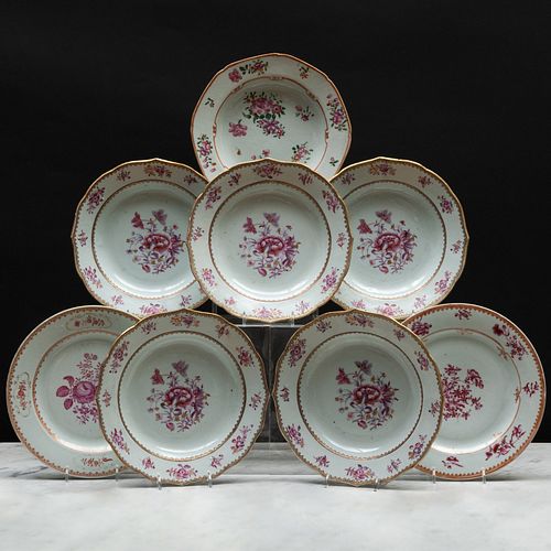 Group of Six Chinese Export Famille Rose Porcelain Soup Plates and a Similar Pair of Plates