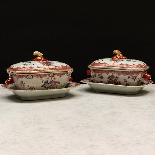 Pair of Chinese Export Famille Rose Porcelain Sauce Tureens, Covers and Stands