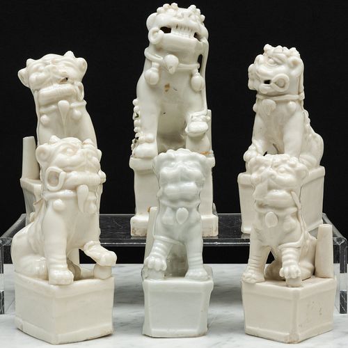Group of Six Blanc de Chine Porcelain Buddhist Lion Joss Stick Holders