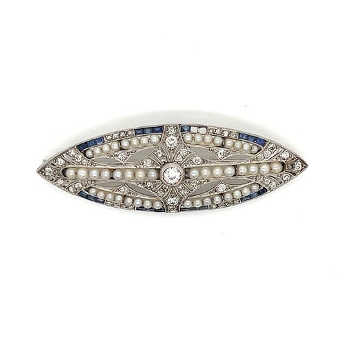 Platinum Art Deco Diamond Sapphire Pearl BroochÂ 