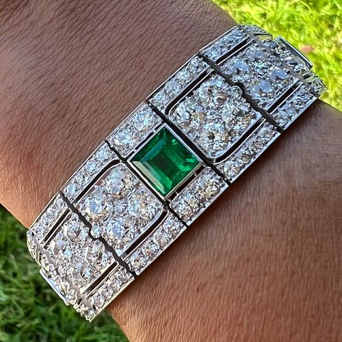 Art Deco Platinum Diamond and Emerald Bracelet