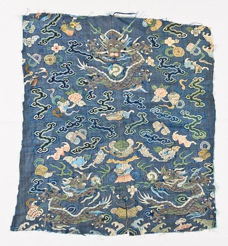 Antique Chinese Blue Silk Dragon Panel