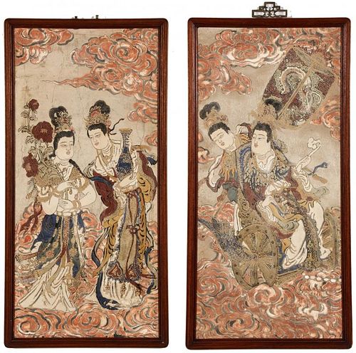 Two Antique Chinese Pigment on Clay Paintings