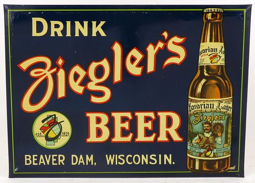 1939 Ziegler's Beer TOC TOC Tin Over Cardboard Sign Beaver Dam, Wisconsin