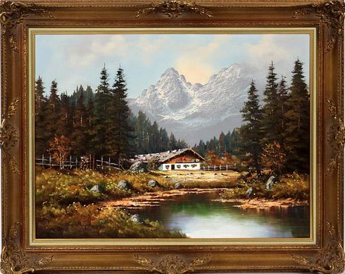 OIL PAINTING ON CANVAS SWISS COTTAGE IN MOUNTAINS