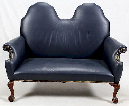 BLUE LEATHER & CARVED SETTEE