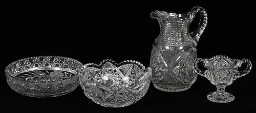 HAND CUT GLASS BOWLS OPEN SUGAR AND PITCHER