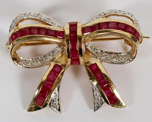 14KT GOLD RUBY AND DIAMOND BOW PIN