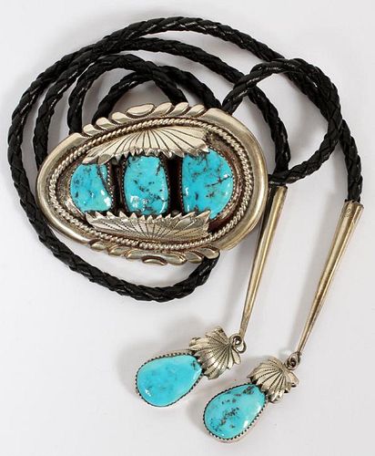 NEW MEXICO SILVER AND TURQUOISE BOLO TIE SIGNED RIB