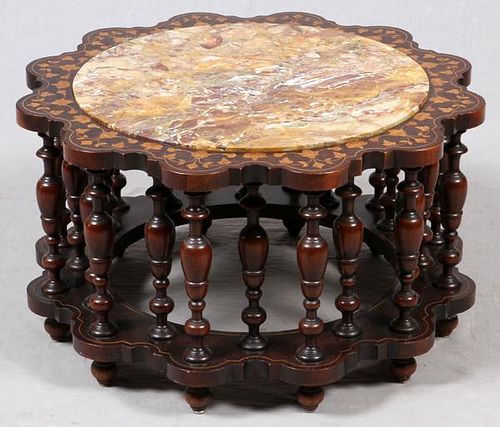 MARQUETRY INLAID MAHOGANY MARBLE TOP TABLE C. 1920
