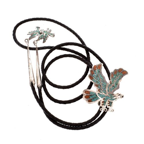 Silver, Turquoise and Coral Bolo Tie