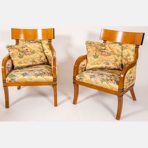 Pair of Biedermeier Style Birch and Faux Silk Upholstered Armchairs