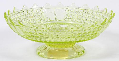 AMERICAN BUTTON PATTERN VASELINE GLASS COMPOTE