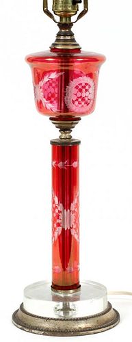 BOHEMIAN CRANBERRY ETCHED GLASS LAMP C.1900
